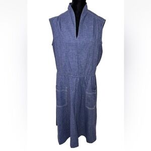 Vintage Dress 80s Walden Classics Secretary XL Blue Pockets Sleeveless Chambray